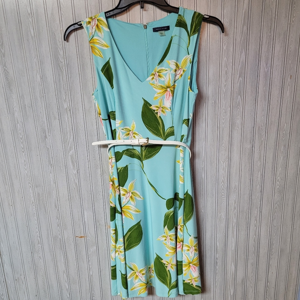 Tommy Hilfiger Womens Blue and Green Tropical V neck Dress